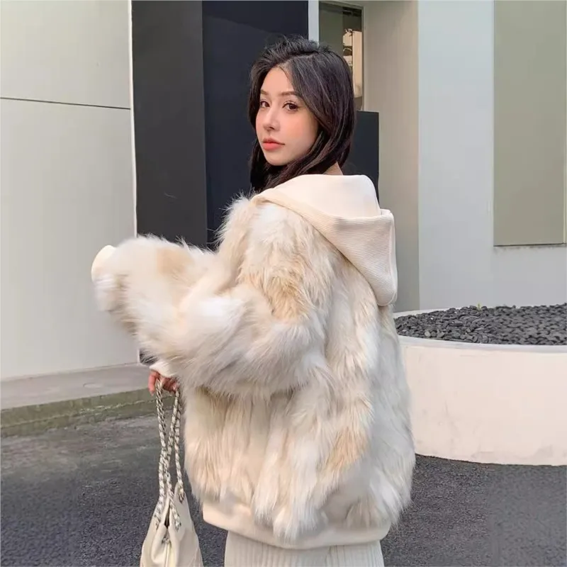 Women's three-color fur mixed zipper loose top hooded threaded coat