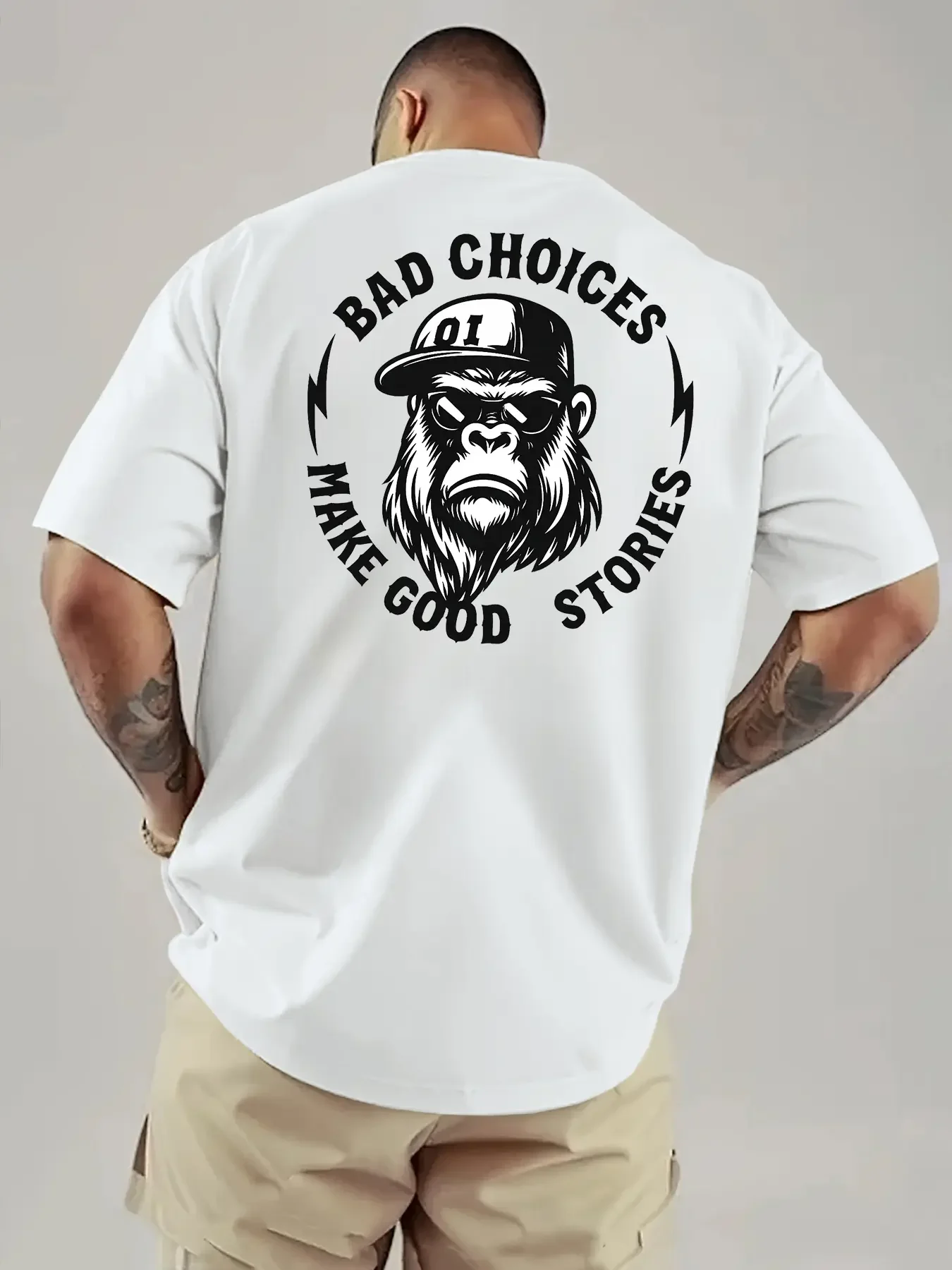 Chimpanzee Graphic T-Shirt Bad Choices Make Good Stories Print, Unisex Casual Short Sleeve Summer Tops Unique Graphic Tee