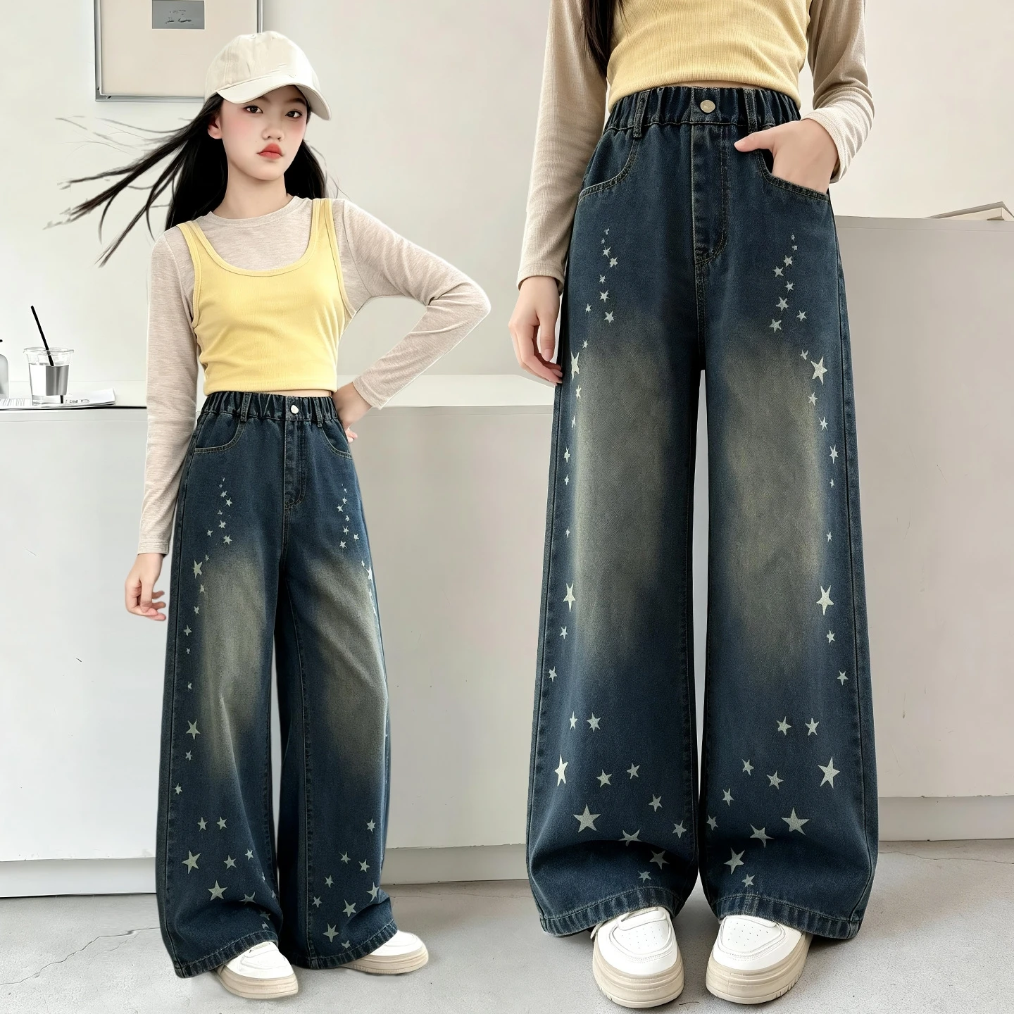 Spring Autumn New Girls Jeans Print Five-pointed Star Loose Pants For 4-14 Years Teen Girls Stylish Denim Wide Leg Pants