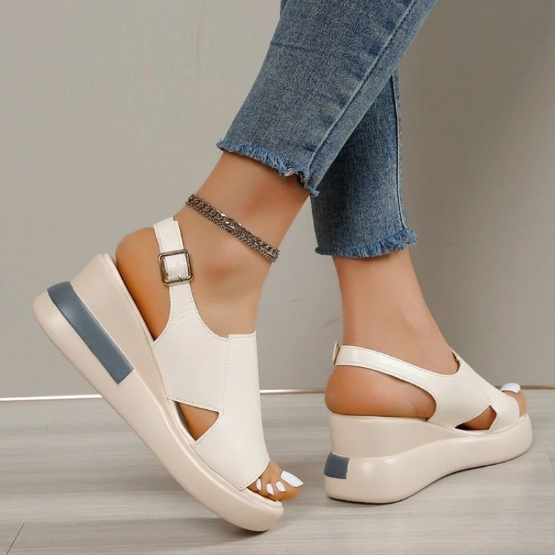 2024 Women\'s Platform Wedge Sandals New Summer High-heeled Fish Mouth Women\'s Shoes Soft Leather Heightened Platform Shoes