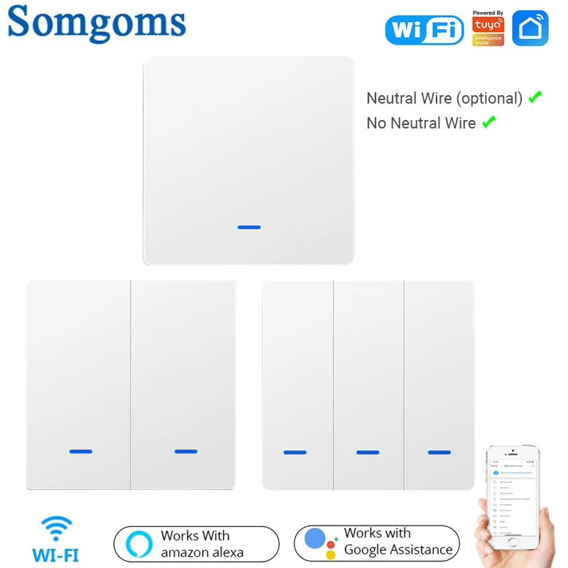 Somgoms WiFi Smart Push Button Switch RF433  No Neutral Required Tuya APP Control Alexa Google Home Voice Control 2/3 Way