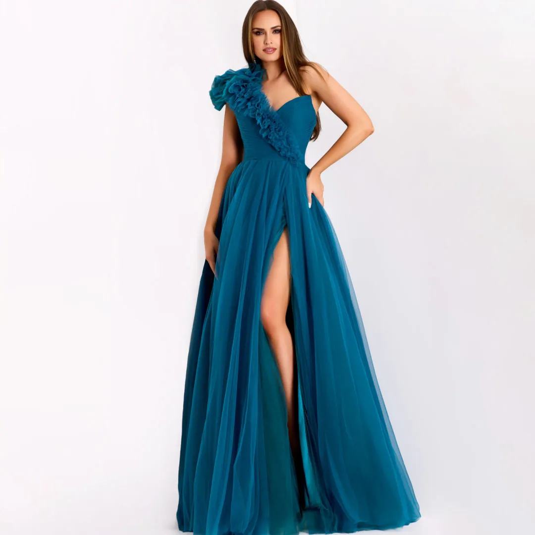 Pauwblauw Tule Een Schouder Galajurken Ruches Bloemen Chique Plooi Ruglooze Verjaardagsjurk Hoge Split Formele Avondjurk
