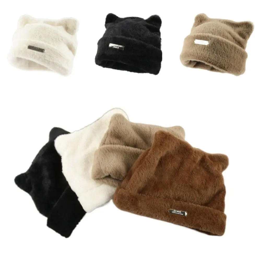 

Cute Cat's Ears Warm Hats Revealing Face Small Breathable Knitting Hat Sun Protection Imitation Mink Wool Women Cap Summer