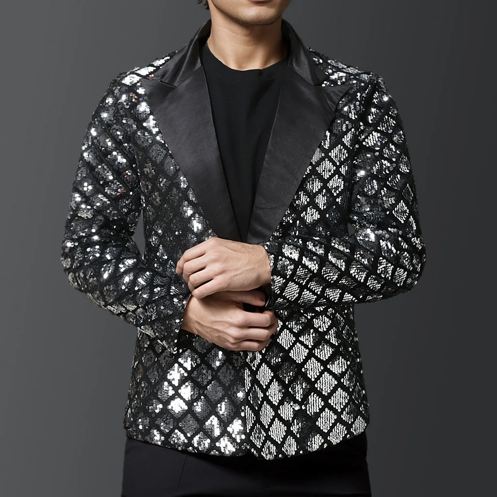 Chaqueta de traje de lentejuelas brillantes doradas para hombre, chaquetas de rendimiento de boda, abrigo de vestido de fiesta, Blazers negros