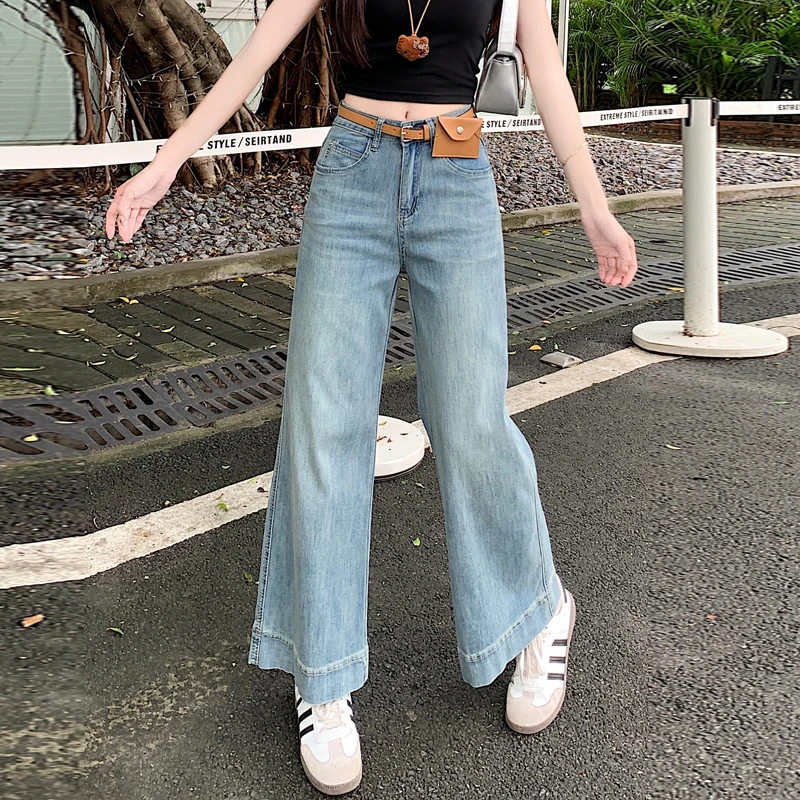 

Hong Kong style retro versatile jeans for women 2024 new thin washed high waisted and loose fitting cropped wide leg pants trend