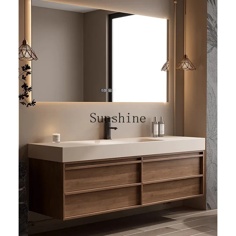 

Medieval rock slab hot bending integrated basin solid wood bathroom cabinet combined bathroom, hand and face pool