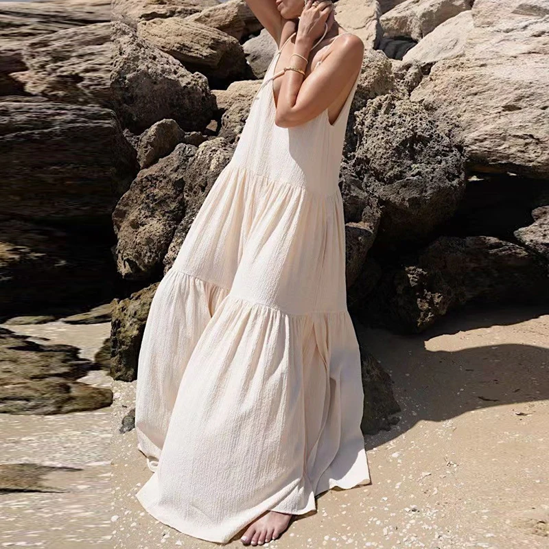 

Women Elegant Off Shoulder Suspender Loose Dress New Summer Swing Beach Dress 2024 All Match Solid V-neck Big Hem Maxi Dress