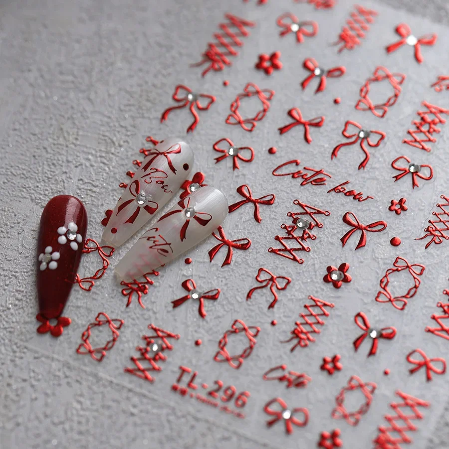5D شريط صغير القوس الأحمر Bowknot التعادل مسمار الفن ملصقات أنيقة خط الدانتيل حساسة سحر حجر الراين ذاتية اللصق مانيكير الشارات
