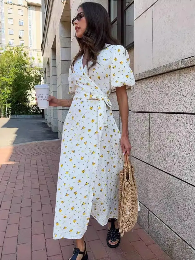 Fresh And Sweet Women's Summer Dresses Floral Print A-line Midi Dress With Side Slits Long Elegant White Vestidos For Women 2024