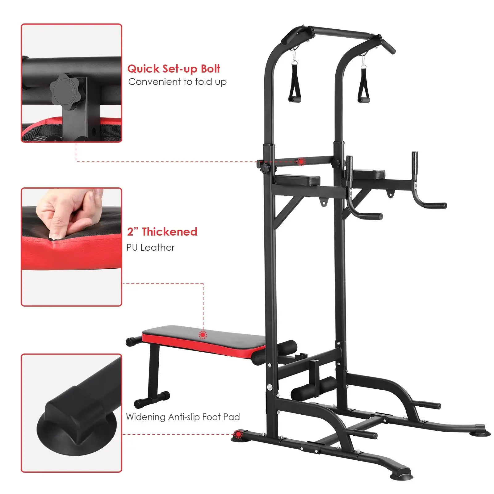 Power Tower with Bench, Pull Up Bar Stand, Dip Bar w/Folding Bench 4 Ropes Strength Training, Multi-Function Fitness Equipment