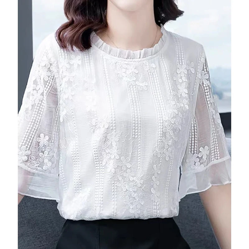 Elegant Fashion Solid Hollow Out Lace Floral Chiffon Shirt Summer New 2022 O-Neck Half Flare Sleeve Loose Blouse Female Clothing