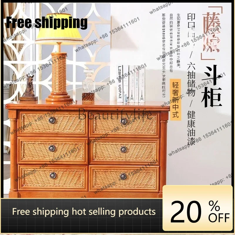 hot Natural rattan solid wood living room bedroom ornament locker against the wall light luxury high-end retro cabinetFactory Di