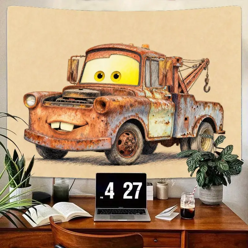 

1PC Disney Pixar Cars Mater Rusty Tow Truck Sketch Art Tapestry Retro Polyester Wall Hanging Kids Room Dorm Decor Gift for Car M