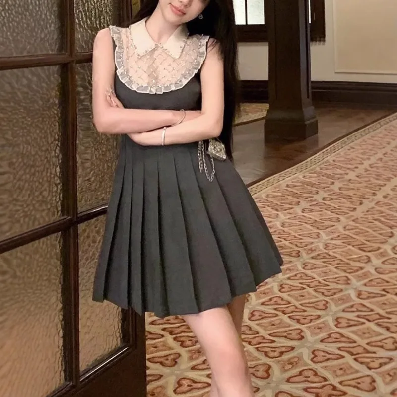 

New Summer Prinecess Style Heavy Diamond Dresses Y2k Aesthetic Sweet Korean Temperament A-line Clothes Slim Waist Plested Dress