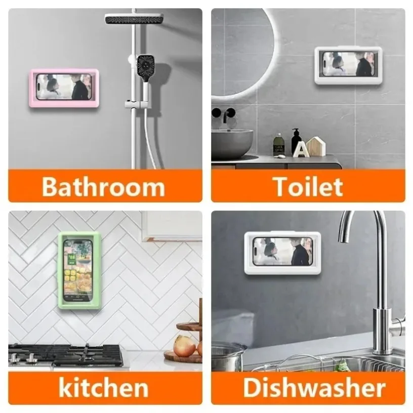 Suporte de parede à prova d'água e antiembaçante para celular com tela sensível ao toque, sem necessidade de furar, compatível com celulares de 4,7 a 7 polegadas, para banheiro, cozinha e lavabo.