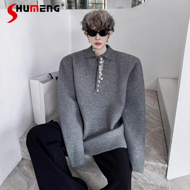 

Мужские однотонные свитера с блестками в стиле ретро, зима 2025 года, новинка 2021 года, мужские стильные толстые пуловеры, свитера, блестящие вязаные топы