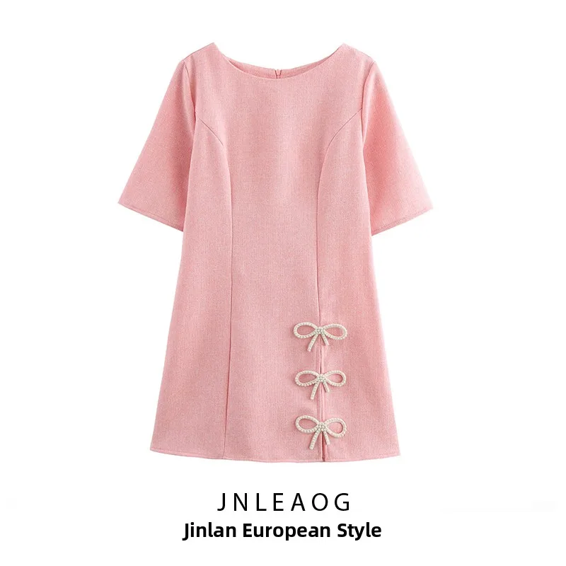 เสื้อผ้าแฟชั่นผู้หญิงคอลเลคชั่นฤดูใบไม้ร่วง JNLEAOG ดีไซน์ผ้าทวีดเนื้อหยาบ แต่งปมผูกทรงกลม สไตล์ฝรั่งเศส ทรงเอวสูง