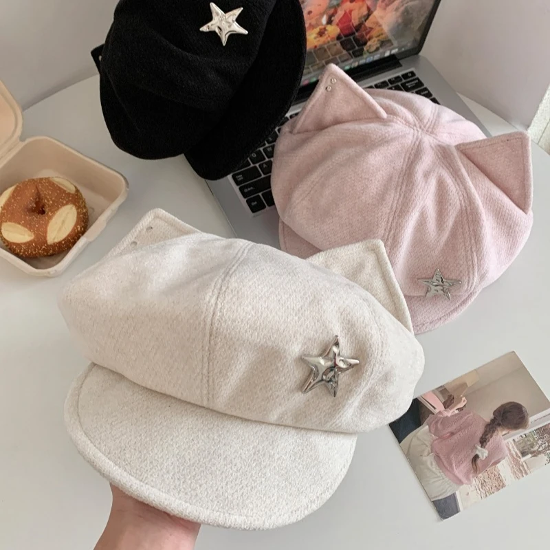 Neue Niedliche Katzenohren-Baskenmütze für Damen, Herbst- und Winter-Achteckmütze mit großem Kopfumfang, Modisches Metallstern-Design, Kurze Krempe, Newsboy-Kappe – Detail 3