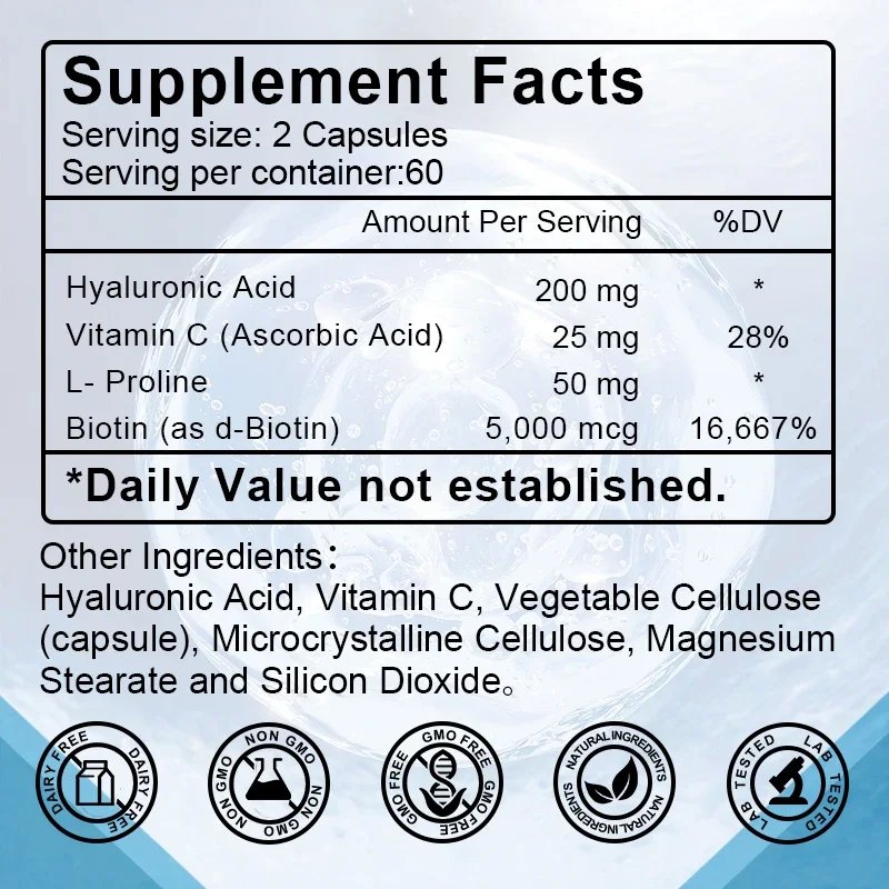 Capsules d'acide hyaluronique, avec vitamine C et biotine, soutien 3 en 1-hydratation de la peau, lubrification des articulations, santé des cheveux et des yeux