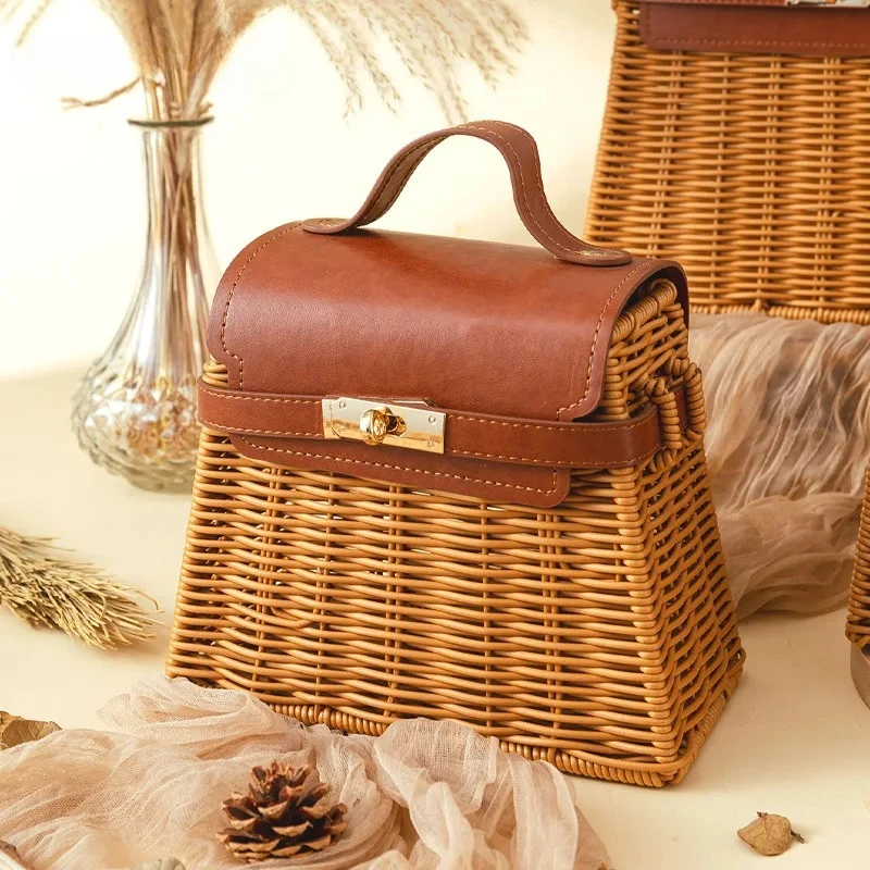 Bolsa de Ombro de Palha de Rattan, Bolsa Artesanal de Verão, Bolsa de Praia Quadrada de Palha para Mulheres, Bolsa de Mão de Rattan, Cesta de Rattan
