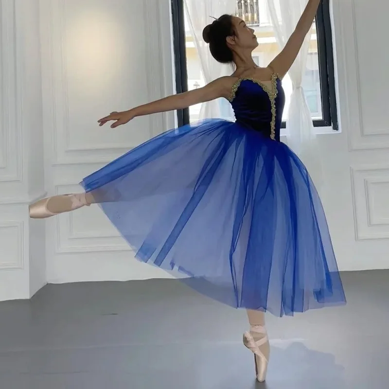 Adult Women Romantic Ballet Tutu Dress Light Blue Long Tulle Stage Performance Dance Costume