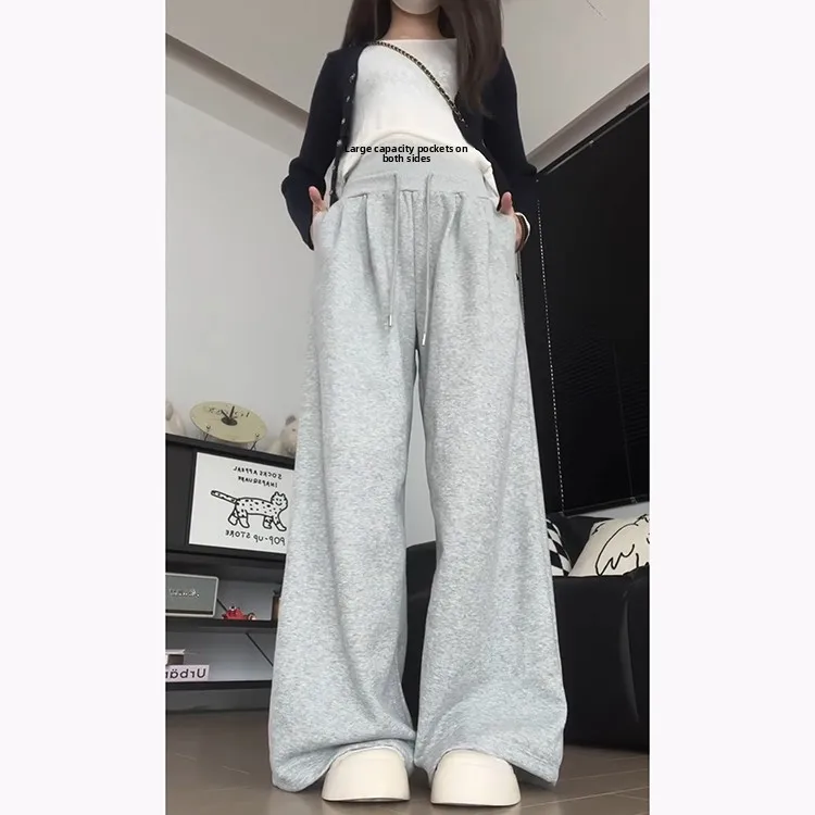 กางเกงลำลองทรงหลวมสไตล์สปอร์ตสำหรับผู้หญิง เอวยางยืดแบบผูกเชือก ดีไซน์เรียบง่าย แฟชั่นต้นฤดูใบไม้ร่วง กางเกงขายาวเอวสูง