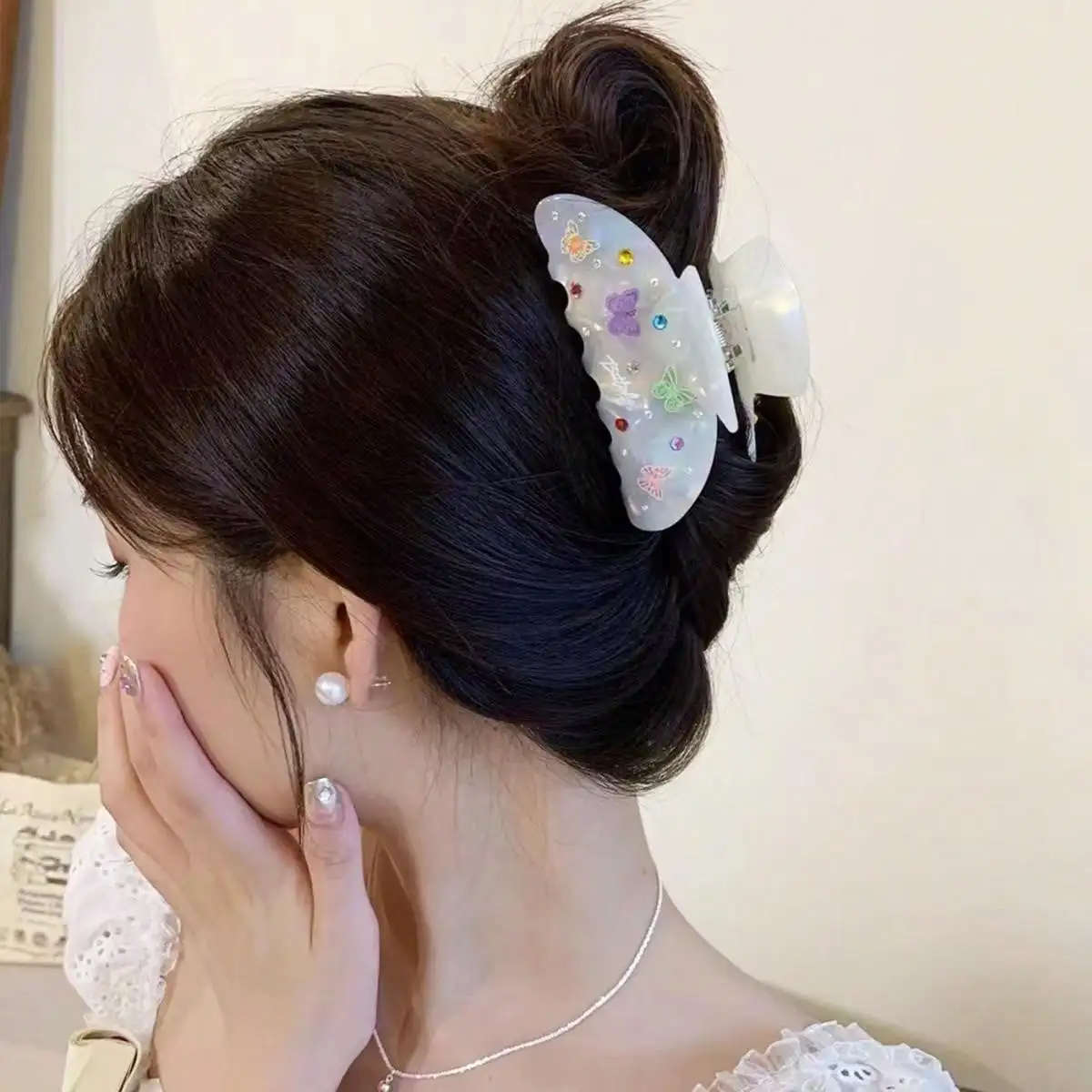 1pc elegant acrylic hair claw with rhinestone butterfly - grip tightly, suitable for thick and curly hair