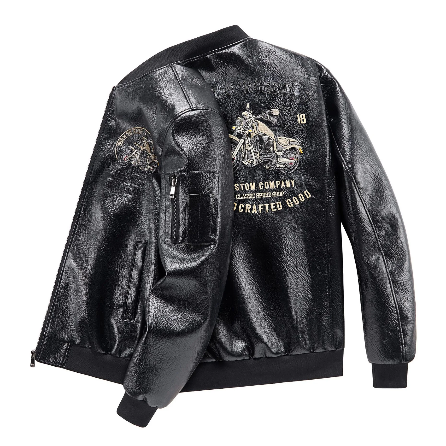 

Autumn Winter Men Leather Jacket Motorcycle Punk Embroidery Stand Collar Male Plush Coat Waterproof Long Sleeve Man Outerwear