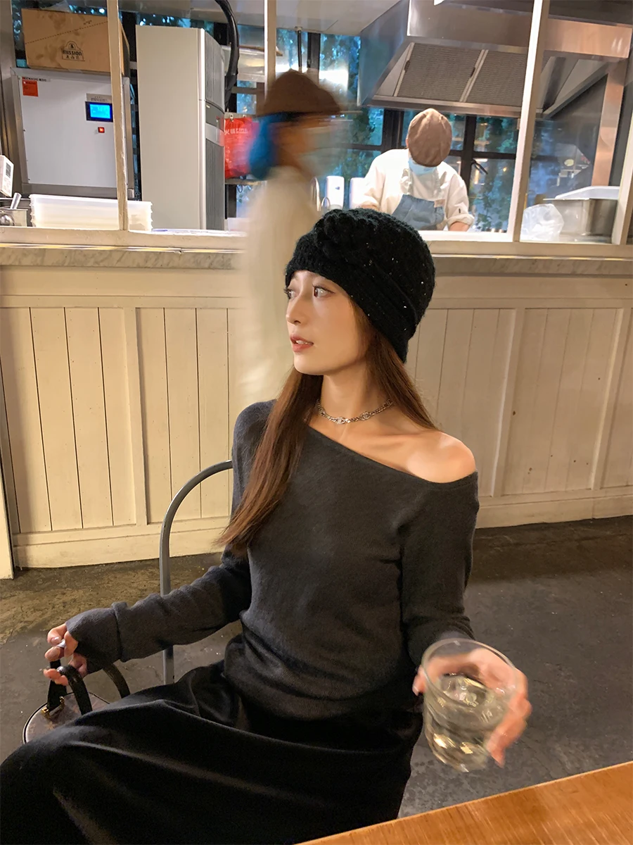 

Sieu Women's Knitted Long Sve Striped Base irt Slant Collar Design Korean Sle Slim Fit T-irt Versatile Casual Top