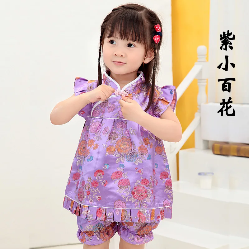 2022 New Summer Floral Girls clothes sets outfits infant suits New Year Chinese tops dresses short pants cheongsam