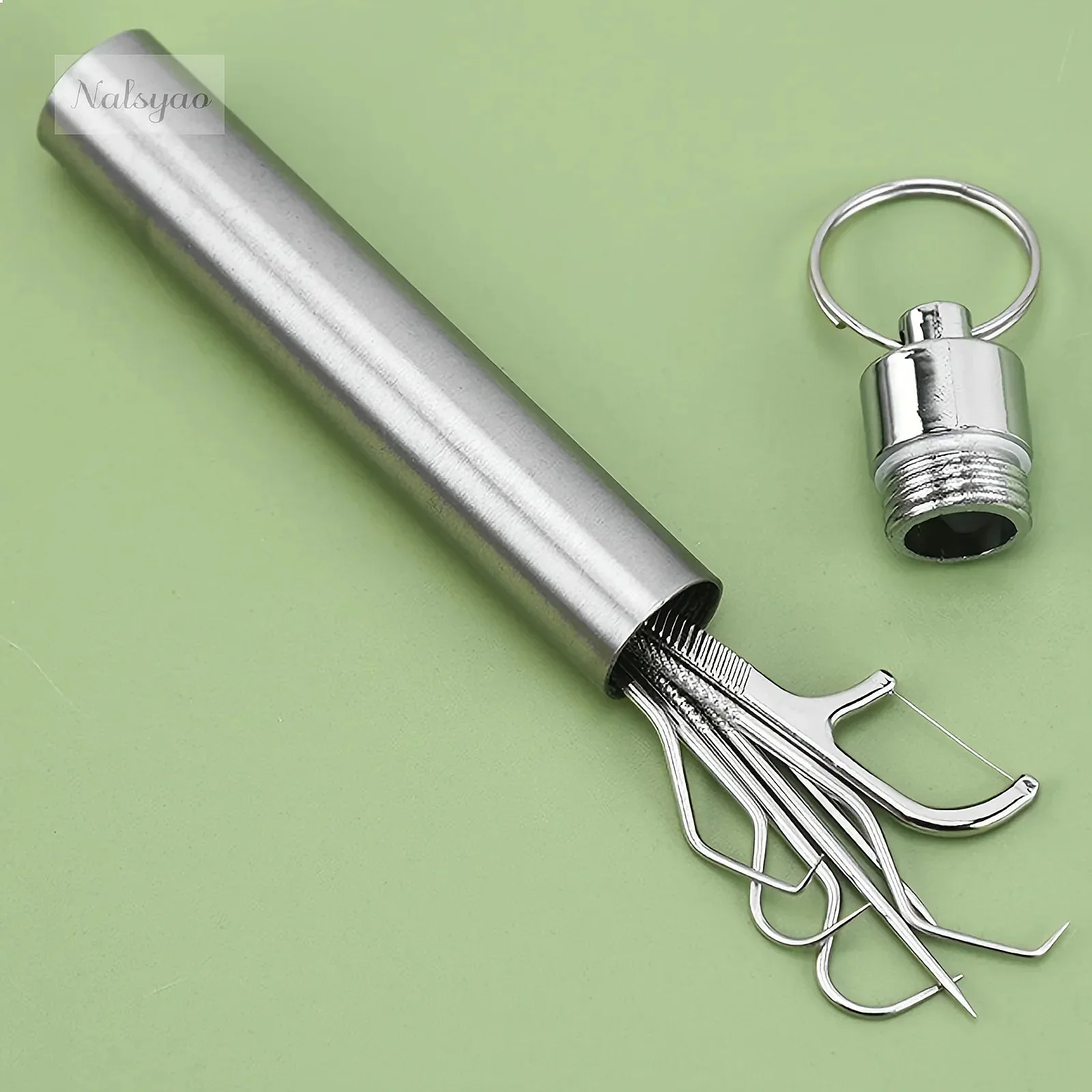 Stainless Steel Portable Toothpick Kit with Keychain Reusable Floss Holder Metal Cleaning Pick Pocket Set