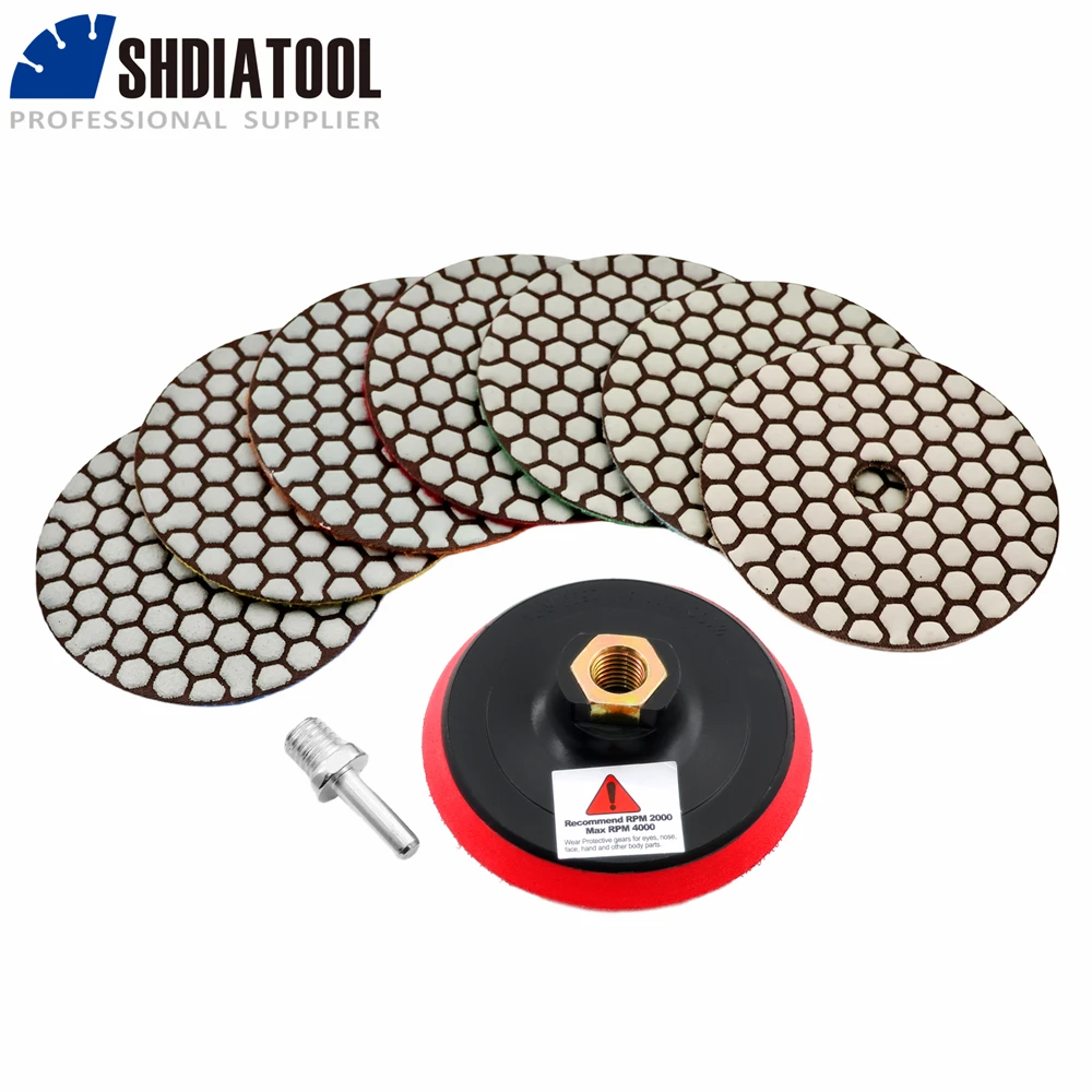 SHDIATOOL 7pcs 100mm Diamond Polishing Pads Set 50-3000+1pc M14 Foam Plastic Velco Backer For Angle Grinder+Round Shank Adapter