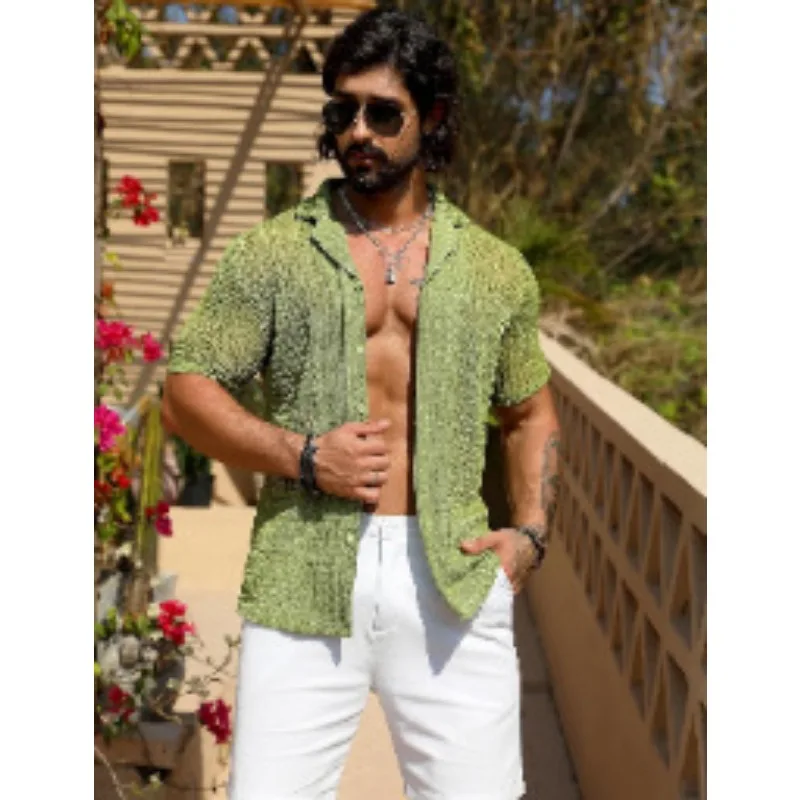 Sexy Hollow Out Knitted Shirt Lapel Men Summer Breathable See-through Beach Tops Mens Short Sleeve Shirts Button Streetwear Chic