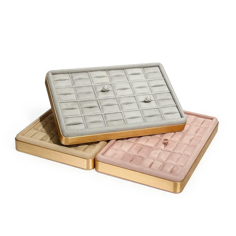 Metal Frame Velvet Finger Rings Show Stand Jewelry Storage Box Gray Pink Blue Green Tray Fashion