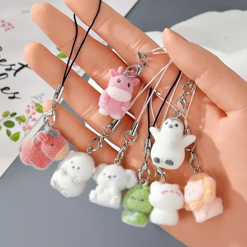 Flocking Penguin Hippopotamus Animal Keychains Phone Lanyard Resin Cute Tiger Beaver Bear Rhinoceros Bag Earphone Case Pendant