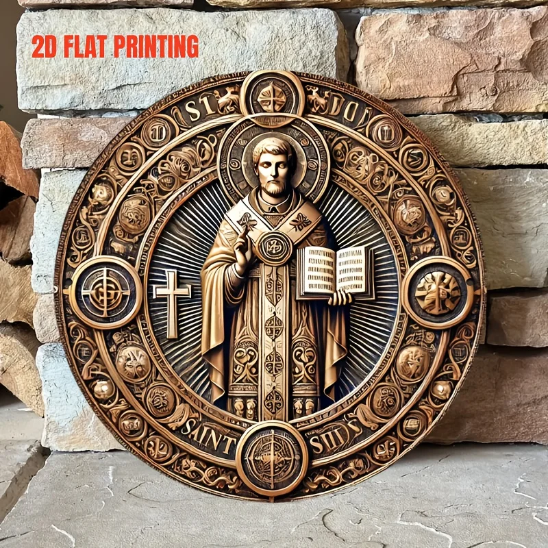 2D Flat, Vintage St. Benedict Round Wooden Wall Art - 8x8 Inch Religious Decor with Golden & Brown Ornate Design, Crosses & Flor