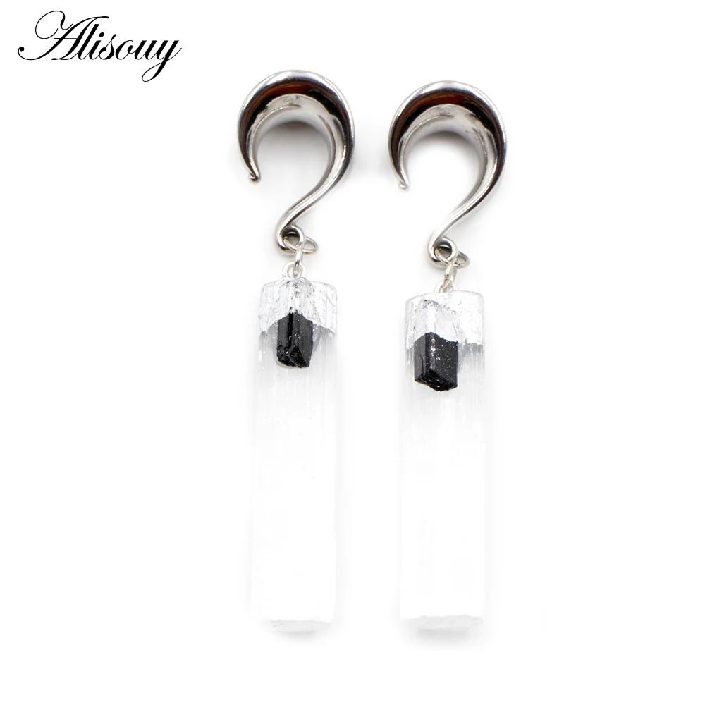 Alisouy 1pc Stainless Steel Wide Ear Weight Hook Natural Stone Dangle Ear Plug Tunnels Expander Stretchers Piercing Body Jewelry