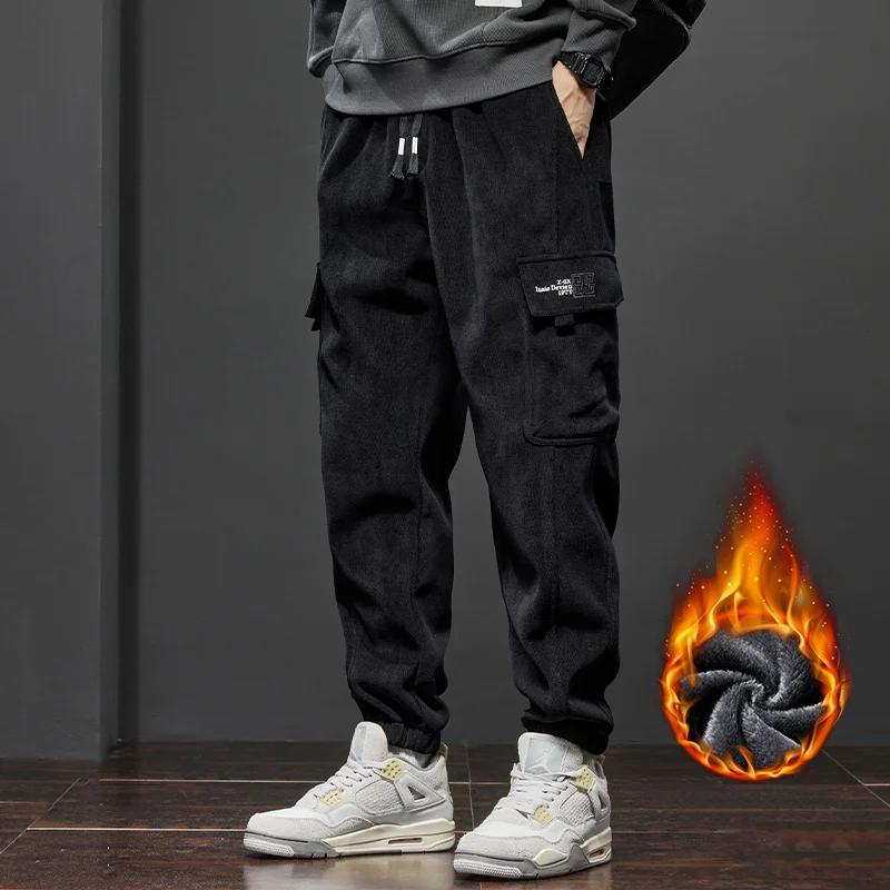 

Thiened Fce на подкладке, эластичные повседневные брюки для папы с манжетами для мужчин, осенне-зимние сезонные свободные брюки для рабочей одежды