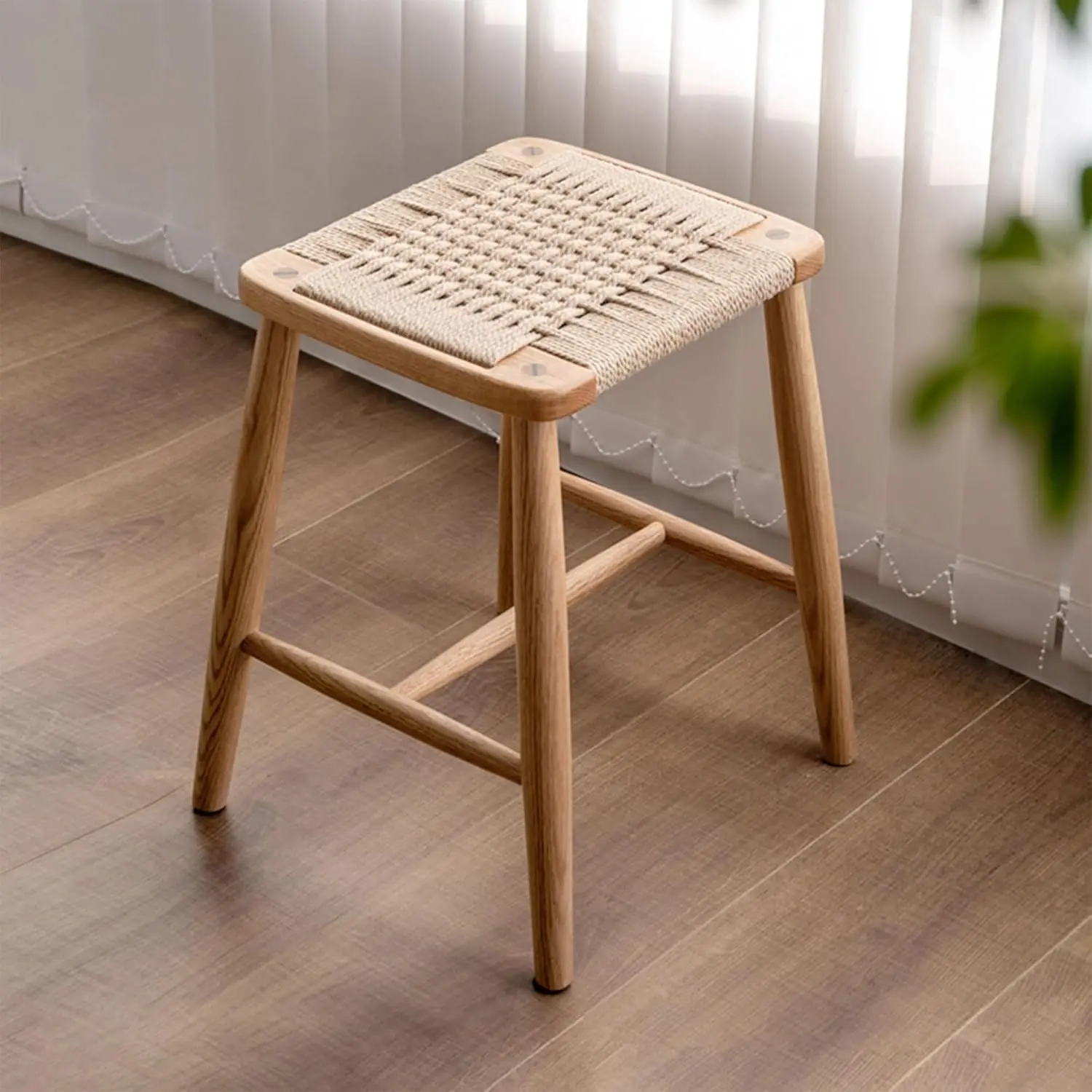 솔리드 오크 팜하우스 현관 스툴, 로프 직조 벤치 시트, 나무 발판(내추럴, 11.8' D x 13.8' W x 17.7' H)