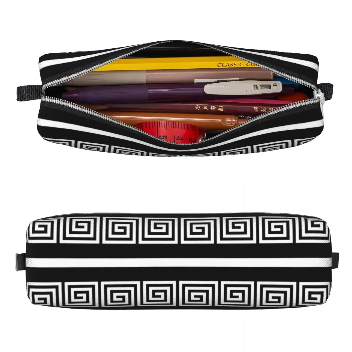 Greek Key And Line Black And White Pencil Cases Cute Pen Bags Girls Boys Large Storage Students School Cosmetic Pencil Pouch