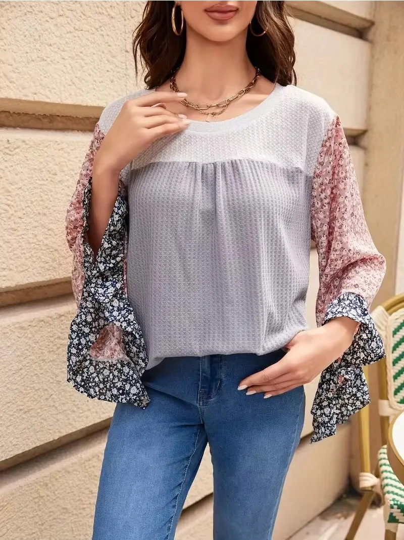 

Plus Size Spring and Summer Women's Casual Micro Elastic Color Blocked Waffle Knit Round Neck Printed Fashionable T-shirt Top