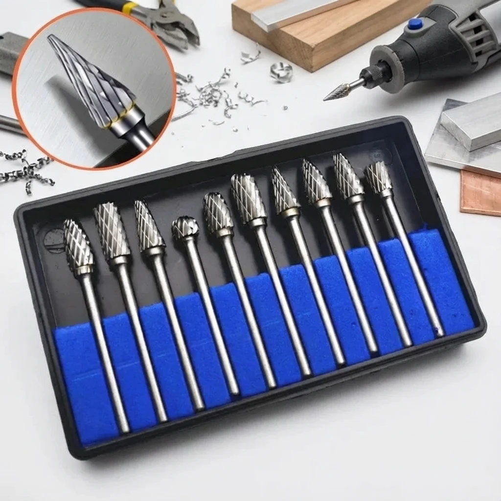 10pcs Carbide Burr Set, Hard Alloy Tungsten Steel Double Cut Rotary File Milling Cutter Head, Woodworking Grinding Carvin view 3