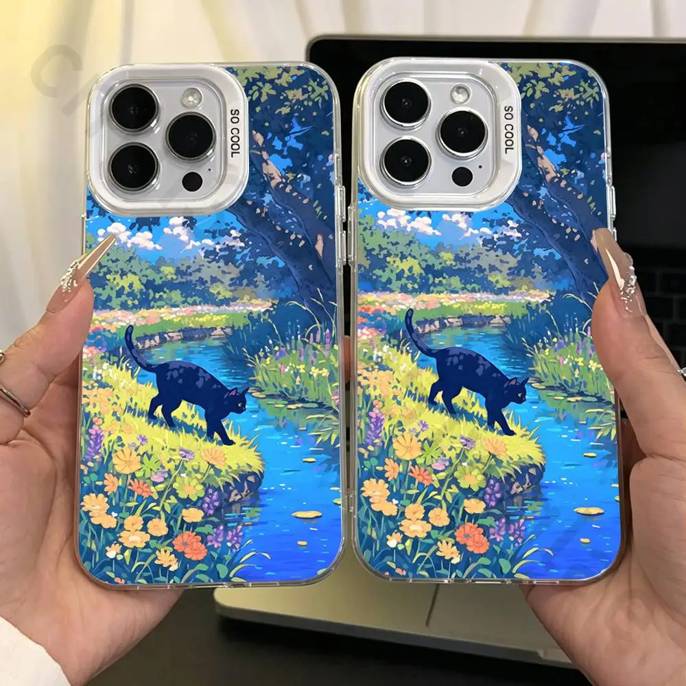 

Anime Landscape Painting Cute Cat IMD Case for iPhone 17 16 15 14 13 12 11 Pro Max air plus Shockproof Plating Matte TPU Funda