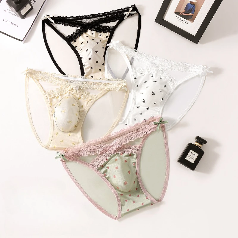 Sissy Lingerie Men's Briefs Ice Silk Printed Lace Bow Hollow Out Sexy Panties U Convex Pouch  Light Thin High Elastic Underwear