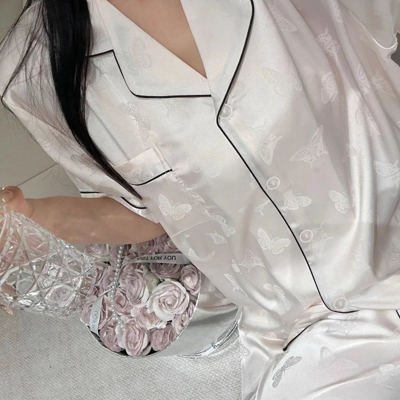 French Romantic Aesthetics White Butterfly Women Pajamas Elegant Jacquard Lazy Style Home Lounges 2024 New Autumn Y2k Sleepwear