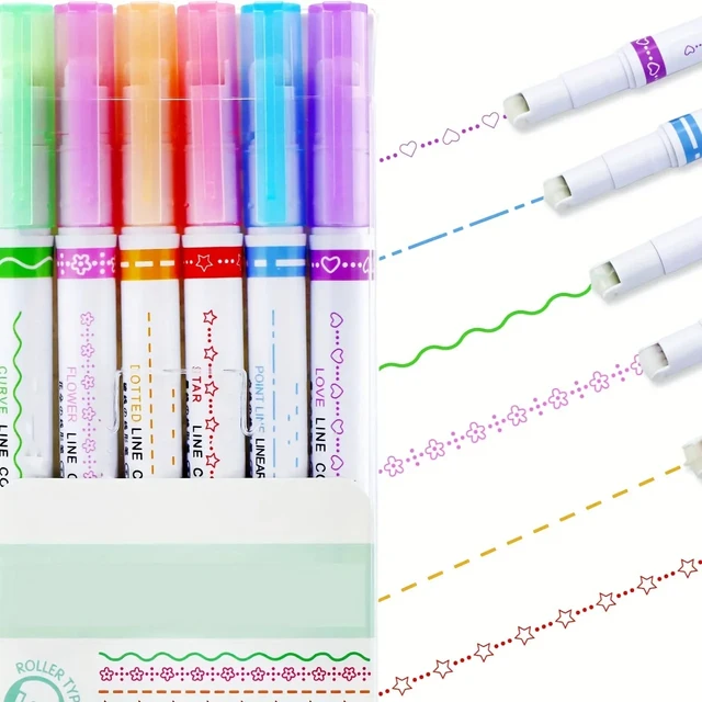 6Pcs/set Kawaii Flowers Line Shaped Highlighter Pens Roller Tip Curve Liner Marker for Writing Journaling Drawing Stationery 6