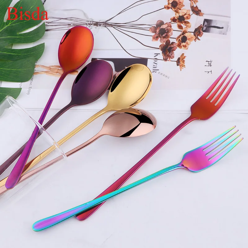 2 Pcs/set Dinner Fork Stainless Steel Fork And Spoon Set Gold Dinnerware Kitchen Utensil Colorful Spoon Safety Adult Flatware