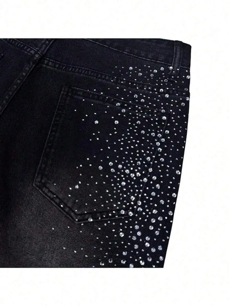 Mens Black Washed Straight Mid-Waist Denim Shorts With Crystal Embellishment