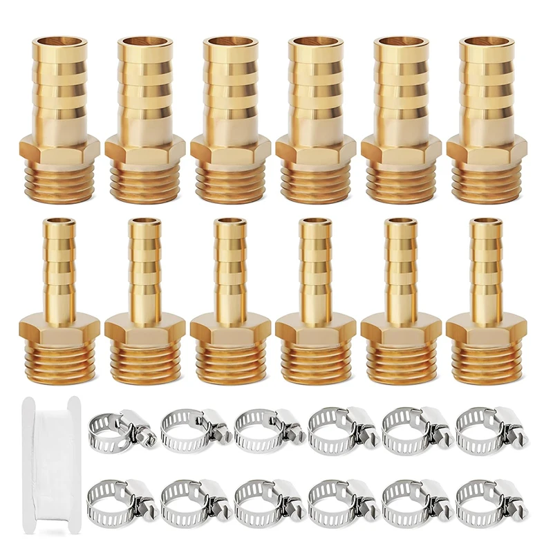 

25Pcs Brass Hose Barb Fittings 3/8" and 1/4" Barb to 1/4" NPT Male Thread Hose Barb Adapter Connector Pipe Adapter with Clamp