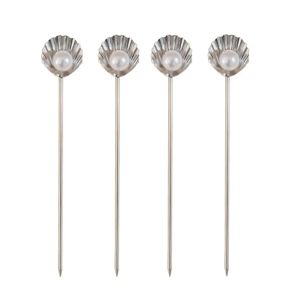 

4Pcs Creative Shell Pearl Design Fruit Stick Reusable Rust-proof Fruit Fork 304 Stainless Steel Wine Needle Party